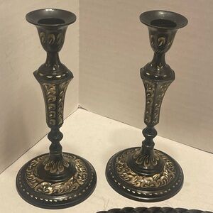 Elegant brass type metal Black and Gold taper Candle Holders